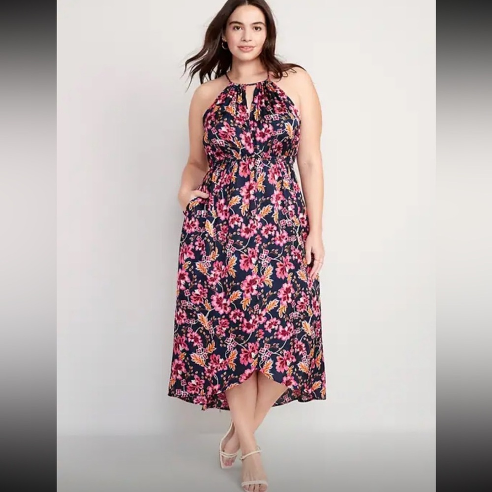 NWT Old Navy navy blue floral silky satin halter dress large